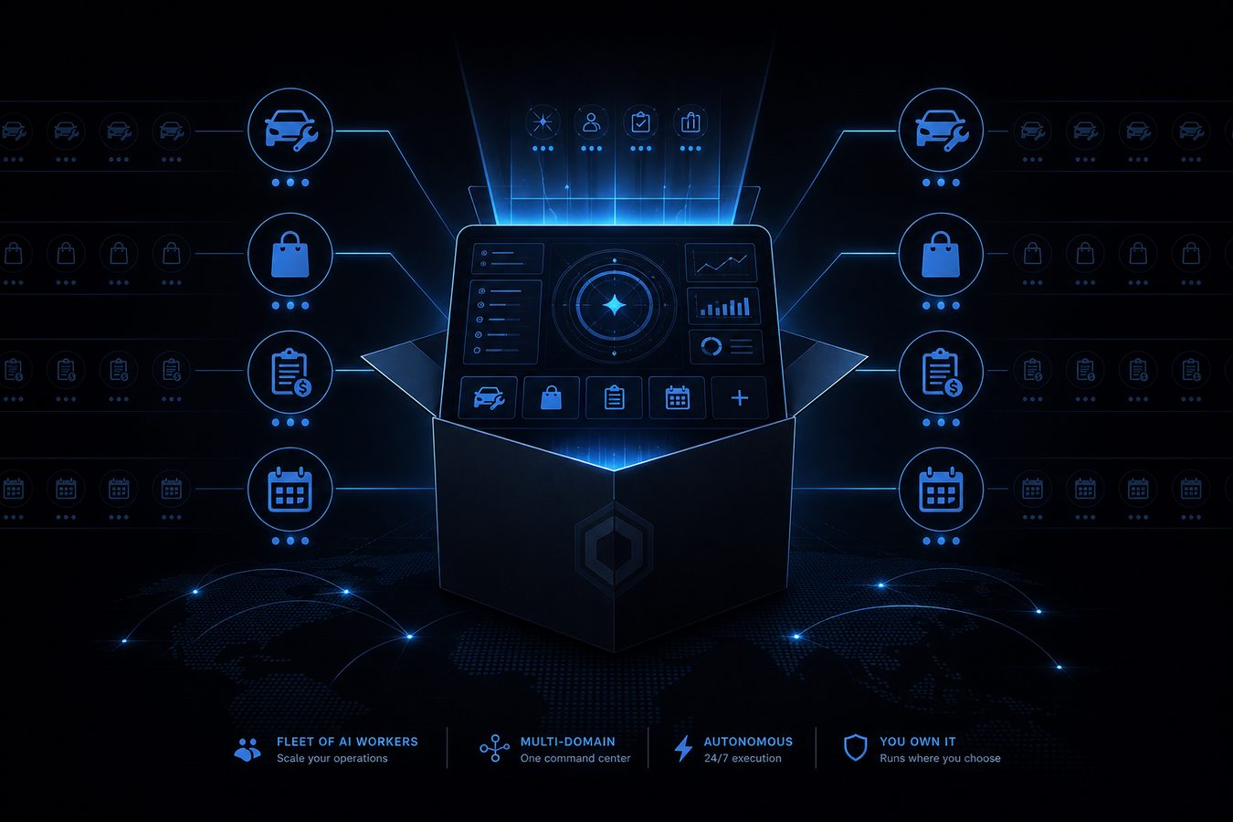 A product box opening into a command deck that directs a fleet of AI agents across many kinds of work
